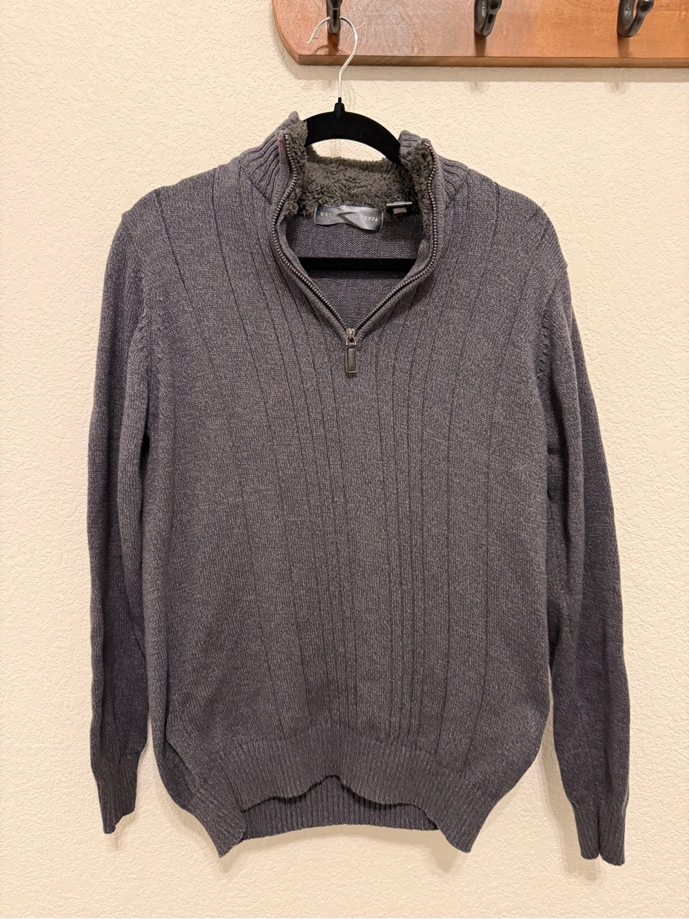 Oscar de la Renta Charcoal Grey Quarter Zip Ribbed Sweater Small